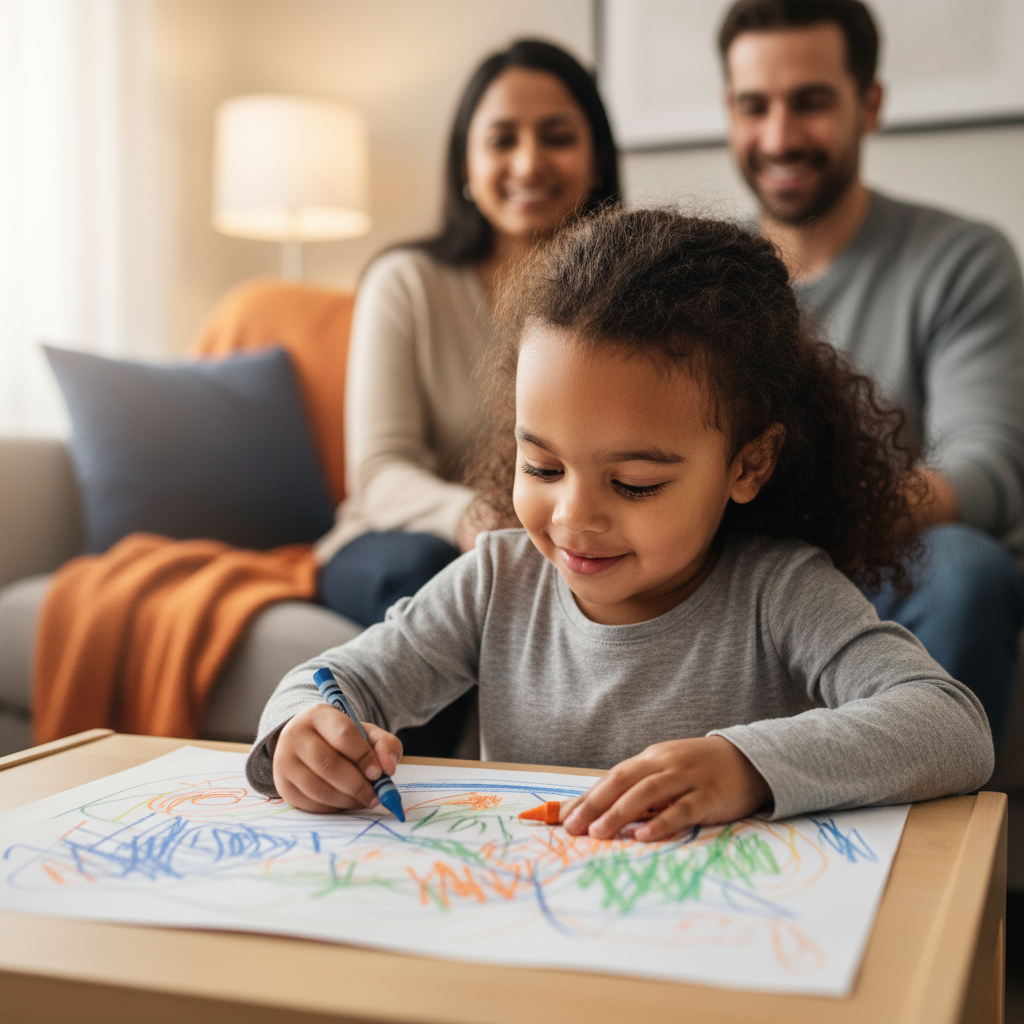 Child drawing and creating, content and calm during child counselling