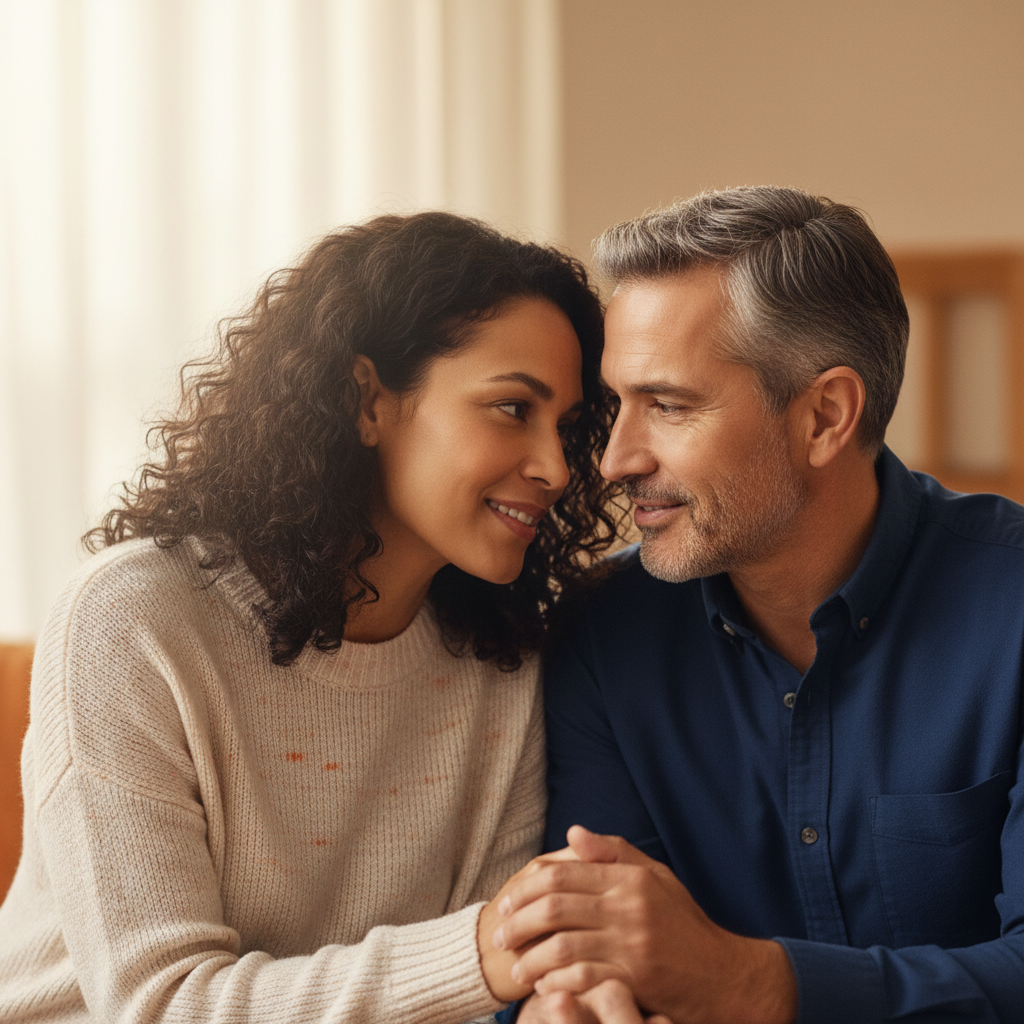 Couple reconnecting in warm conversation during couples counselling in Burnaby