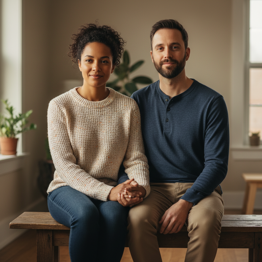 Couple sitting calmly together holding hands after couples counselling