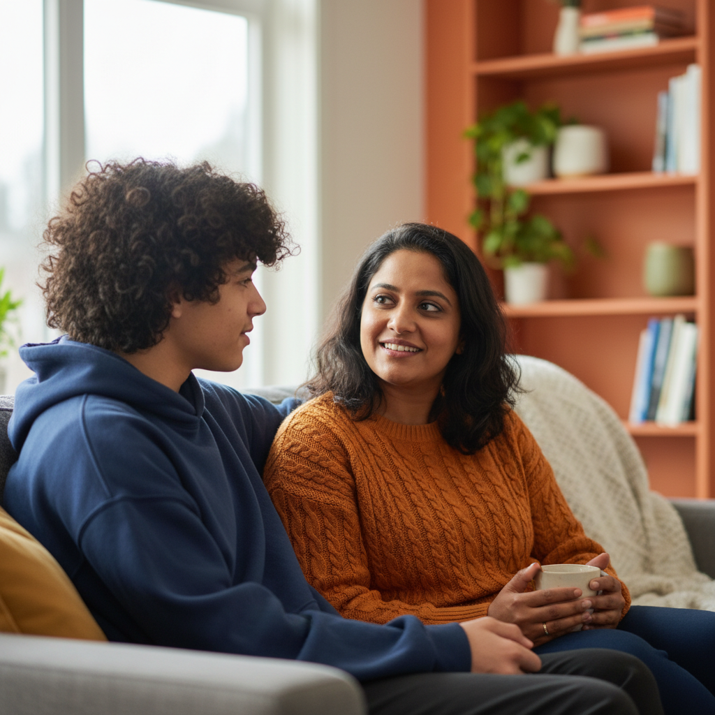 Teenager in a relaxed, trusting conversation during teen counselling in Burnaby
